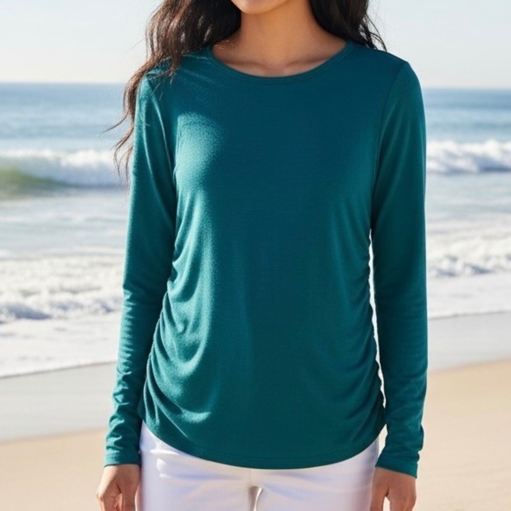 Coldwater Creek NWT Ruched Top Teal Blouse Womens Large/14 Classic Travel Summer